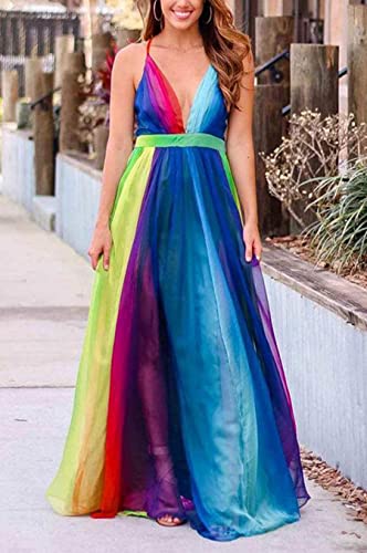 Vestido arco-íris chiffon feminino Deep V sexy sem costas Swing Dress Maxi Vestido Longo Spagehtti S