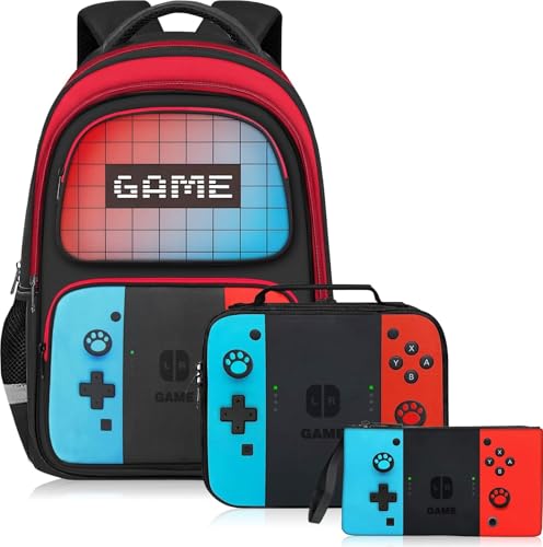 TILYTADLY School Backpack for Boys - 3pcs Gamer Boys Backpack with Lunch Box and Pencil Case for Kids Children Teens Elementary Middle School - HFHTDC Video Game Bookbag 17 Large Capacity