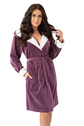 DOROTA Robe de chambre légère femme en coton printemps/automne avec poches et ceinture, violet capuche, XXL Cover
