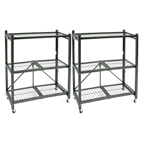 Image of Origami 2 Pack 3 Tier Folding Shelves, Storage Shelving Rack Unit with Wheels, Pewter