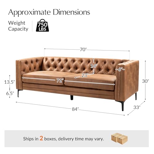 Image of HULALA HOME 84 inch W Faux Leather Sofa Couch with Metal Legs, Button-Tufted 3-Seater Sofa, Mid Century Modern Upholstered Couch for Living Room, Entertainment Area, Apartment,Camel