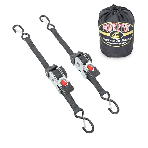 PowerTye - 1 inch x 10ft Long Retractable Ratchet Tie Down Strap with Latch Hooks - Self-Retracting Ratchet, Ideal for Motorcycle, ATV, and Light Cargo, Includes Nylon Storage Bag, Black (Pair)