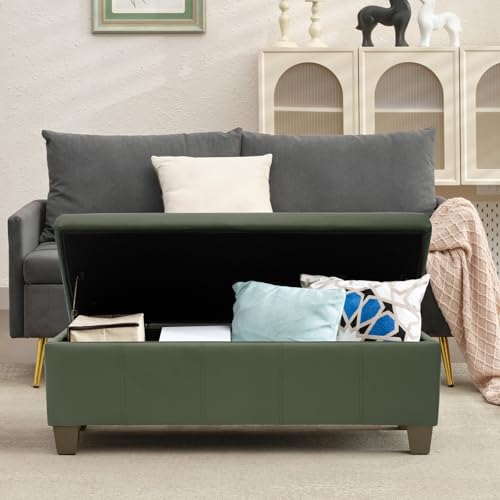 Image of 41 inch Storage Ottoman, Storage Bench with Safety Hinge, Upholstered Synthetic Leather Ottoman Bench for Bedroom, Living Room, Entryway, Hallway, Foot Rest, Support 500lbs