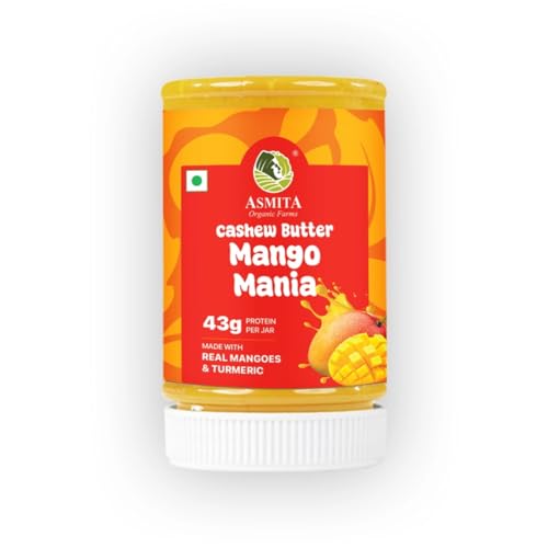 Image of Asmita Organic Farms Mango Mania Cashew Butter 250g | Sweetened with Monk Fruit | Naturally Yellow with Turmeric | High Protein Creamy Spread | No Palm Oil, No Preservatives | Perfect for Toast & Smoothies