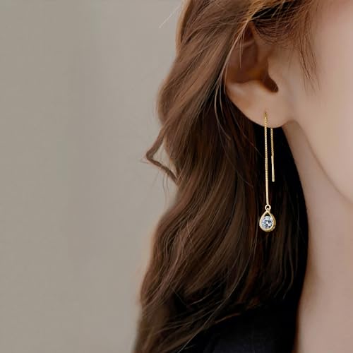 Reffeer Solid 925 Sterling Silver CZ Droplet Chain Dangle Earrings for Women Teens Tassel Dangle Earrings Threader2