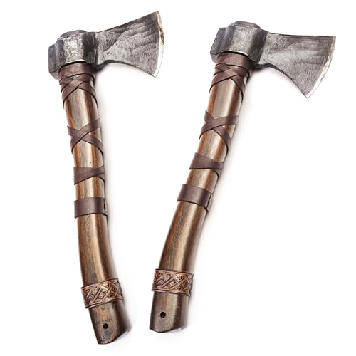 Image of Throwing Axe Set (2) - Norse Tradesman 14 inch Viking Throwing Axe Set - Two Fully Sharpened Norse Hand-Axes - Carbon Steel Axe Heads with Premium Leather Cross-Stitch