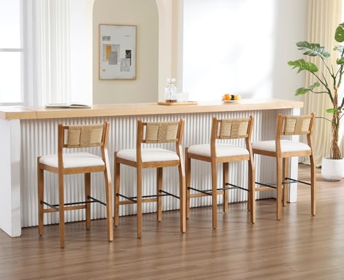 CIMOTA Rattan Counter Height Bar Stools Set of 2, 26\" Farmhouse Barstools with Woven Backs, Boho Oak Wood Bar Stool Chairs Linen Upholstered Counter Stools for Kitchen Island/Counter - Thumbnail 5