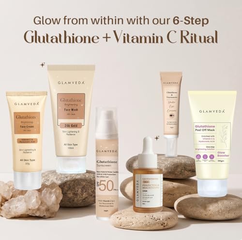 Image of Glamveda Glutathione 6-Step Skincare Kit | Face Wash, Peel-Off Mask, Serum, Cream, Sunscreen & Under Eye Cream | Skin Brightening Routine for Even-Toned & Radiant-Looking Skin