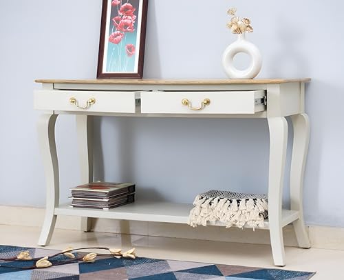 Image of Mango Wooden Console Table for Bedroom, Livingroom | Study Table with 2 Drawer &Shelf Storage, Console Table for Living Room, Dining Room, Outdoor, 46Lx17Wx30H Inches, (Matte White).