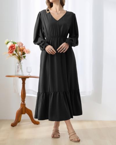 Women's Black Puff Long Sleeve Empire Waist Flowy Maxi Dress with Pockets — view 3