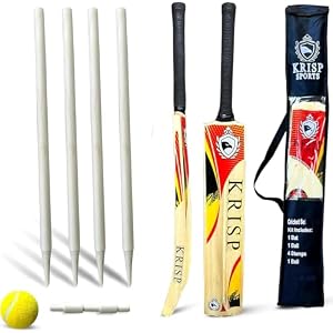 Cricket Bat Gift Set Wooden Cricket Bat Kit for Junior, Backyard Park Beach Indoor Outdoor Play Tennis Ball, Stumps, Bails, Carrying Bag Practice Cricket Match By Krisp Sports