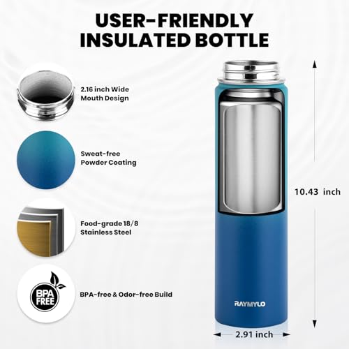 Image of RAYMYLO Insulated Water Bottle 24 oz, Triple Wall Vacuum Stainless Steel (Cold for 24Hrs, Hot for 12Hrs), Leak Proof & Non-BPA, Modern Water Flask Jug with Paracord Handle & Straw Spout Lids