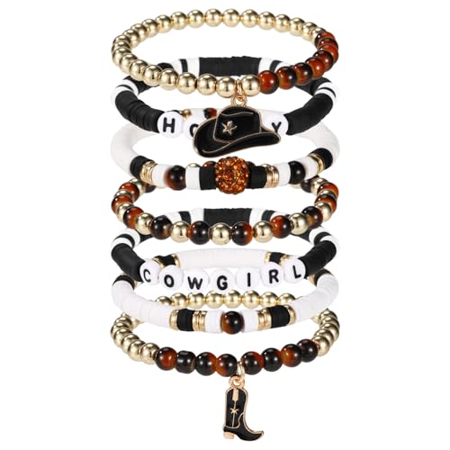7pcs Howdy Cowgirl Beaded Bracelets, Stackable Western Beaded Bracelets with Cowgirl Hat and Boots Charms Y2K Style Outfit Accessories Jewelry for Friends Family Women Gift (Black)