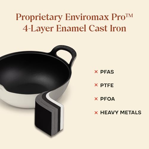 Image of CUMIN CO. Cast Iron Kadai with Lid | 3L, 26 cm | Induction Base Cookware |10 Years Warranty | Non Toxic Heavy Bottom Kadhai for Frying | Chemical Free Coating | Free Accessories | White