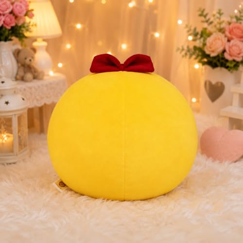 Image of Smiley Face Cushion with Red Bow, Yellow, Soft Plush Toy 25 cm