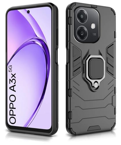 Image of WOW IMAGINE Shock Proof Back Case Mobile Cover for Oppo A3x 5G | A3x 4G | A3 5G | Back Cover Case (Tough Armor | Hybrid PC + TPU | Ring Holder & in-Built Kickstand | Black)