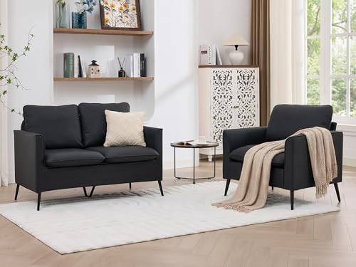 TYBOATLE Leather Loveseat Sofa and Accent Chair, Comfy Love Seat Couch and Chair Set with 2 Pillows, Mid-Century Modern 2 Seat Couches for Small Spaces, 2 Pieces Living Room Furniture Sets (Black, 2)