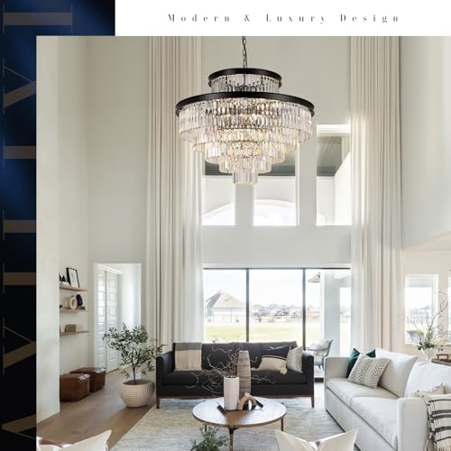 Image of 35 inch Large Black Crystals Chandelier 6-Tier Modern High Ceiling Chandeliers