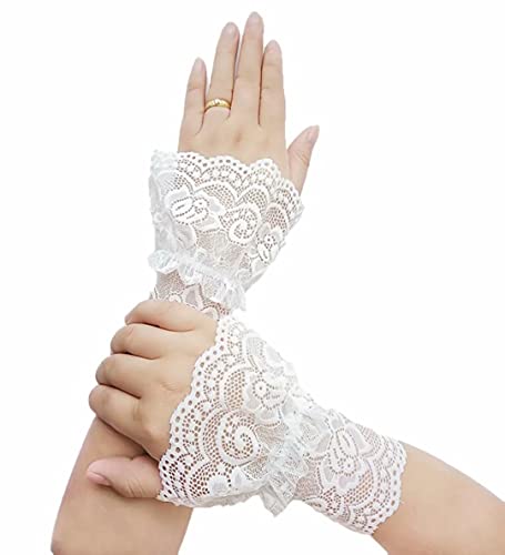 CENAST Womens Lolita Lace Cuffs False Sleeves Wrist Cuff Gloves Cover Sunscreen Accessories White#5
