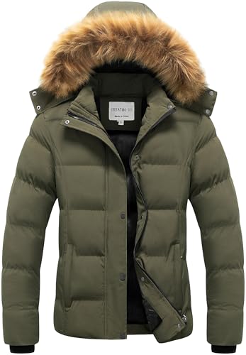 CREATMO US Womens Puffer Coat Abrigos De Mujer Women's Warm Thicken Fleece Lined Winter Jacket Faux Fur Detachable Hood Snow Coats Army Green M