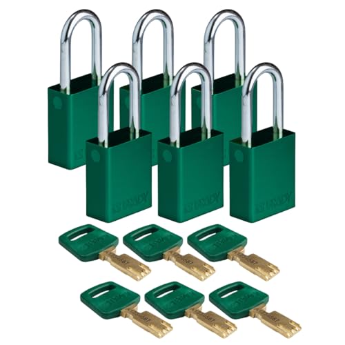 Brady SafeKey Vorhängeschloss Aluminium 6er-Pack - Lockout Schloss mit Schlüssel - Lockout Tagout Sicherheitsschloss für innen und außen - Bügelhöhe 38.10 mm - Verschiedenschließend - Grün
