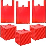 Dunzoom 300 Pcs T Shirt Bags Bulk Plastic Shopping Grocery Retail Bags with Handles 12 x 20 Inch for Small Business, Supermarket, Restaurant (Red)
