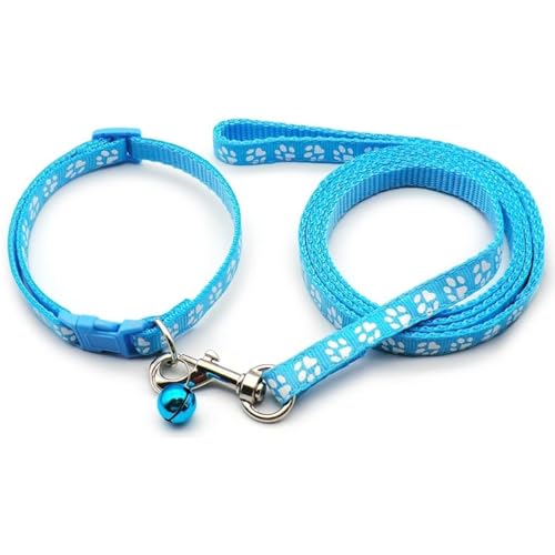 Image of YellowCult Dog /Cat Collar Leash Set with Adjustable Soft Nylon Paw Print Pet Collar for Cats, Puppies, Small Dogs, Fat Rabbits Walking Training, Bell & Quick Release Buckle Safety Lock -[Light Blue]