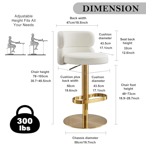 Butaco giratorio ajustable con respaldo, blanco y base dorada | Asiento acolchado en bouclé, respaldo acolchado, altura ajustable, giro de 360° y base dorada para islas de cocina y bares domésticos. miniatura 2