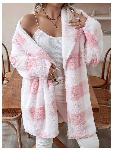 Image of SOLY HUX Women's Plus Size Plaid Cardigan Fuzzy Fleece Lapel Open Front Long Sleeve Outerwear Coat Pink Plaid XX-Large Plus