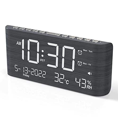 (Gray + Yellow) Digital Alarm Clock With Weekday/Weekend Mode, Dual Alarm,Adjustable Volume,Temperature & Humidity Monitor, Calendar,5 Levels Dimmer,12/24H,Wooden Loud Clock For Heavy Sleepe #TOP1