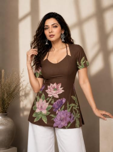 Image of Women's Floral Laila Cut Short Kurti Cotton V-Neck with Lining, Lightweight Short Sleeve Tunic, Breathable, Casual & Office Wear