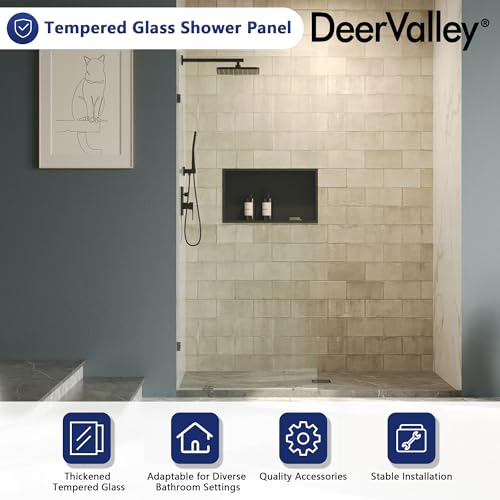 Image of DeerValley 32 inchx78 inch Frameless Shower Glass Panel, Chrome | 3 /8'' Thick Tempered Glass, Stainless Steel Clamps, Reversible Installation, Easy to Clean