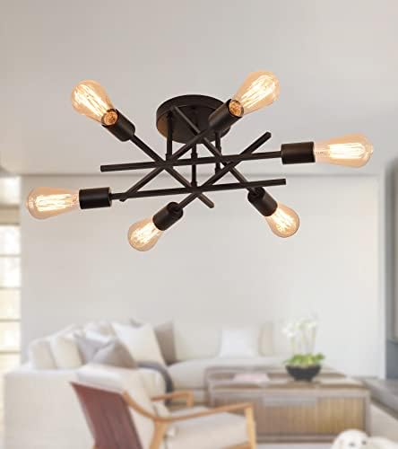 AMZASA Black Modern Sputnik Chandelier Semi Flush Mount Ceiling Light Fixtures, Mid Century Geometric Industrial 6 Lights for Entryway Bedroom Dining Room Kitchen Porch Laundry UL Listed
