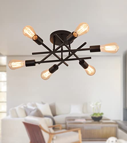 Amzasa Black Modern Sputnik Chandelier Semi Flush Mount Ceiling Light Fixtures, Mid Century Geometric Industrial 6 Lights For Entryway Bedroom Dining Room Kitchen Porch Laundry Ul Listed #TOP6