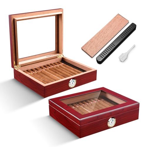 CLZOONG Humidificateur à cigares en Bois de cèdre, humidificateur élégant avec hygromètre et humidificateur d'air Boîte à cigares de Bureau Cadeaux pour Hommes (Rouge)