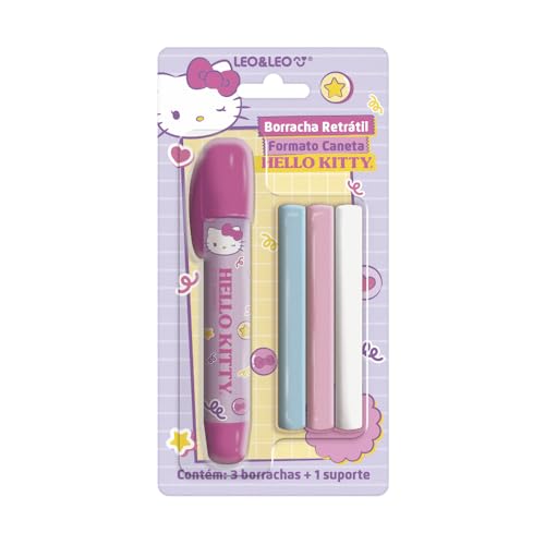 BORRACHA RETRÁTIL FORMATO CANETA HELLO KITTY - BLISTER C/ 1 SUPORTE E 3 BORRACHAS LEO&LEO
