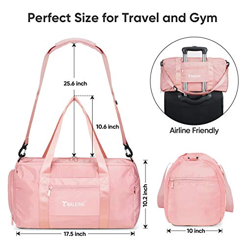 BALEINE Duffle Bag for Sports, Gym, Overnight and Weekend Getaway. Waterproof Dufflebag with Shoe and Wet Clothes Compartments. Lightweight Carryon Sized Gymbag, Weekender Travel Bag (Pink)