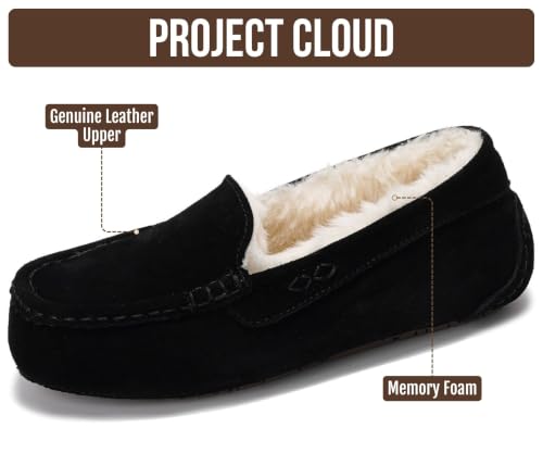 Image of Project Cloud 100% Genuine Leather Slippers for Women - Fur Lined Outdoor Slippers for Women Footwear with Memory Foam - Stylish Womens Moccasin (Cathi)