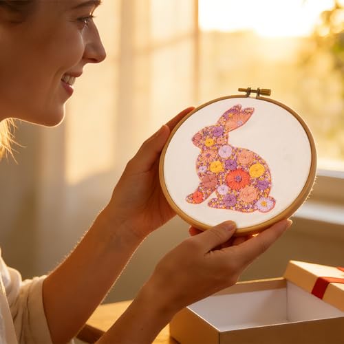 Image of Easter Embroidery Kits for Beginners Adults, Flowers Bunny Embroidery Kits, Hand Stamped Cross Stitch Kits for Beginners Adults & Women Easter Gifts, Entire Set of Embroidery Supplies & Video Tutorial