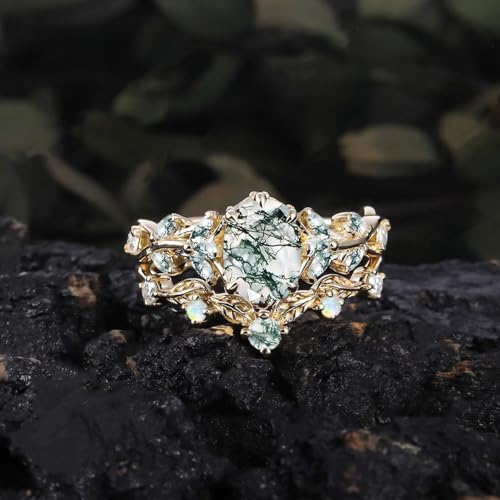 Natural Moss Agate Engagement Ring Set for Women 925 Sterling Silver 10K 14K 18K Rose Gold 2 Carat Moss Agate Wedding Ring Set Inspired Leaf Bridal Ring Set for Women4