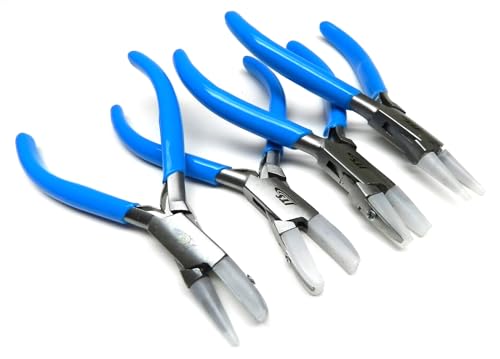 Nylon Jaw Pliers Set of 4 Jewelry Craft Bead Wire Working Bending Forming Hand Tools - Chain Nose Flat Nose Round Jaw Flat and Round with Extra Set of replaceable Nylon jaws Included with Each Plier