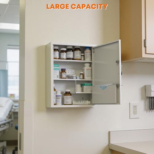 Image of Medicine Cabinet with Dual Key Lock, Wall Mounted First Aid Cabinet, Pill Bottle Organizer Storage for Home Office & School Use 16 inch W x 6 inch D x 21 inch H (White)