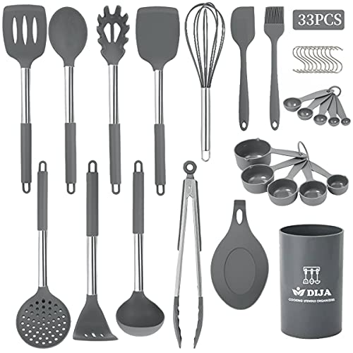 Silicone Cooking Utensils Set, 33pcs Kitchen Utensils Set, Heat Resistant Silicone Utensils Cooking Set for Nonstick Cookware, Kitchen Cooking Utensils Gadgets Set - Gray