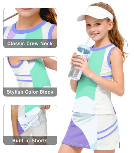 Image of AOBUTE Girls Tennis Golf Outfit Tank Top and Skirt with Shorts Set 4-12 Years