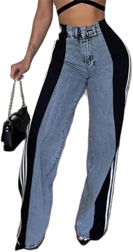 Women Trendy Jeans Stripes Patchwork High Waist Color Block Loose Straight Wide Leg Baggy Denim Pants with Pocket