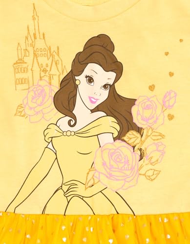 Disney Beauty and the Beast Big Girls' Glitter Tiered Short Sleeve Tulle Dress with Heart Print Yellow Belle 10-12 - image 3