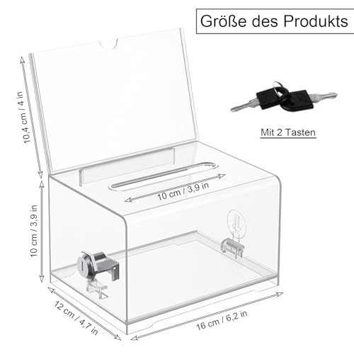 Acrylspendenbox, Spendenbox Abschließbar, Wahlurne Transparent mit Schlüssel Schloss, Spardose Transparent, Kommentarbox, zum Sammeln von Visitenkarten, Abstimmungen und Tickets