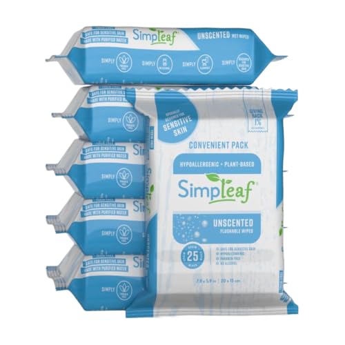 Image of Simpleaf Flushable Wet Wipes Unscented | Eco-Friendly, Paraben & Alcohol Free | Hypoallergenic & Safe for Sensitive Skin | Soothing Aloe Formula | (6 x 25 Counts Convenient Pack) 150 Counts Total