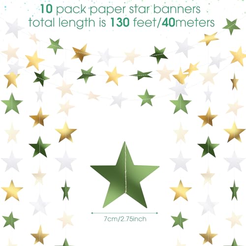 Image of Patelai Glitter Star Garland Banner 2026 Party Decor 130 Feet Star Hanging Streamers Twinkle Backdrop for Classroom Birthday Graduation Wedding Supplies(Sage Green, Gold, White)