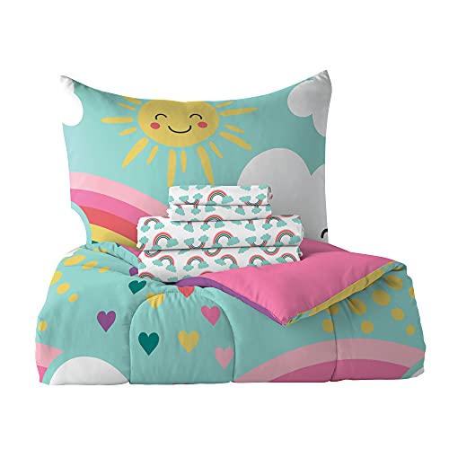 dream FACTORY Kids 7-Piece Complete Bed Set Easy-Wash Super Soft Microfiber Comforter Bedding, Full, Teal Rainbow Flare, (2D872502TE)